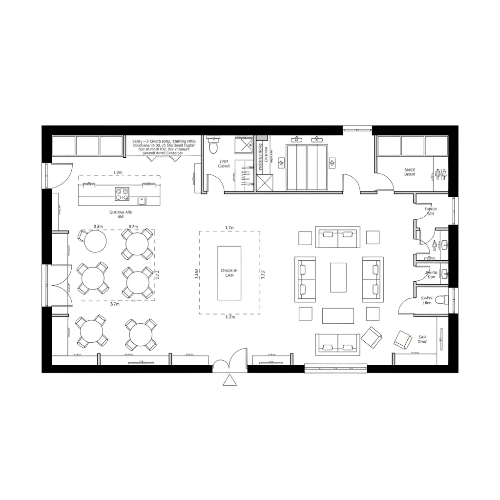 Top-down CAD plan of split-core lobby with sidecar café and clear circulation