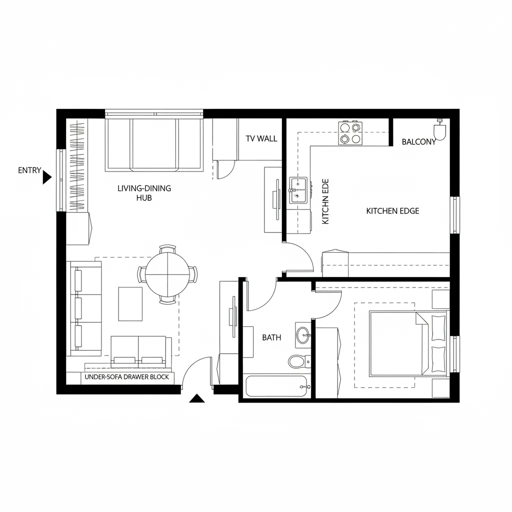 Black and white floor plan showing a living area dining space kitchen bathroom and one bedroom
