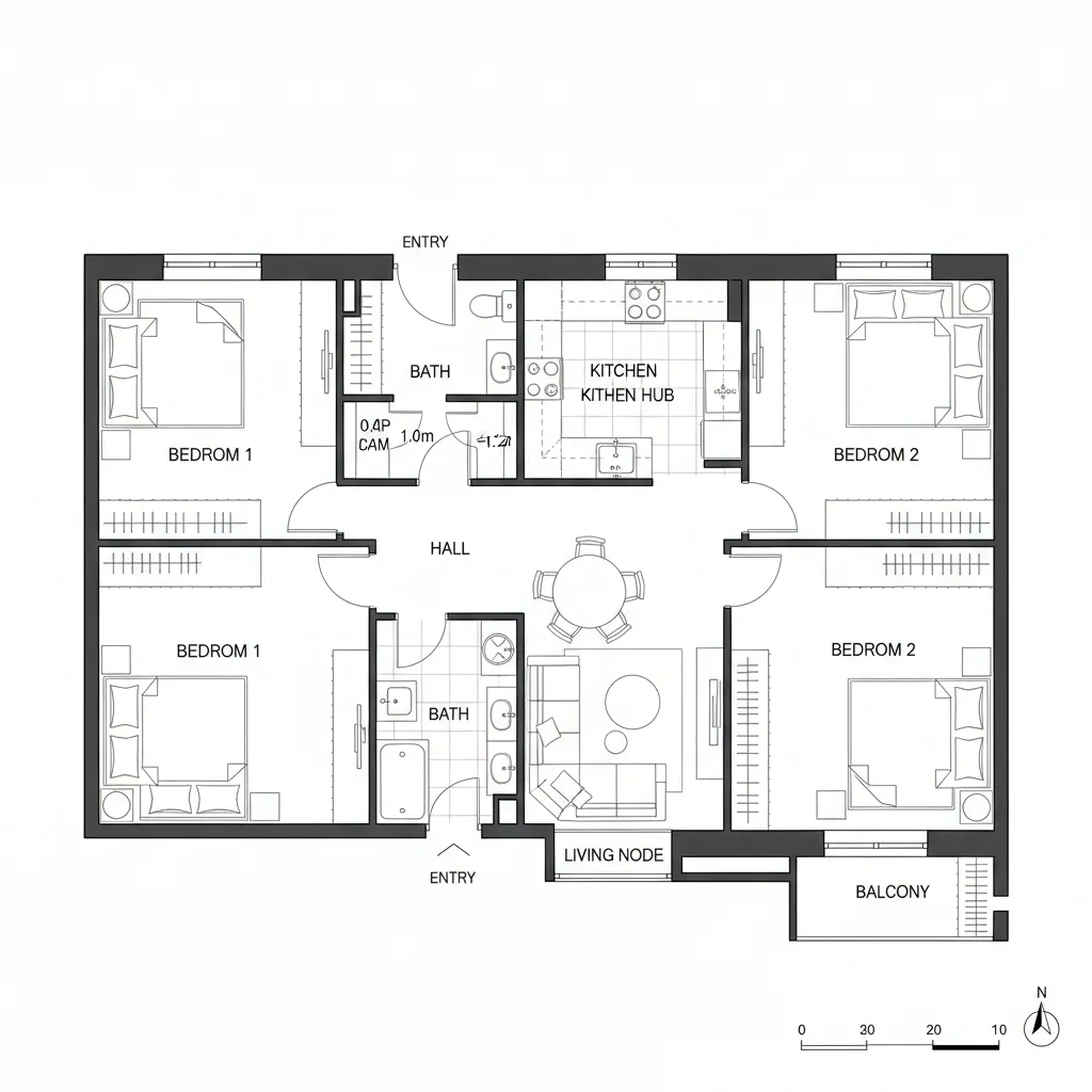 Top-down CAD plan showing two bedrooms flanking a central service spine in an 80 sqm unit