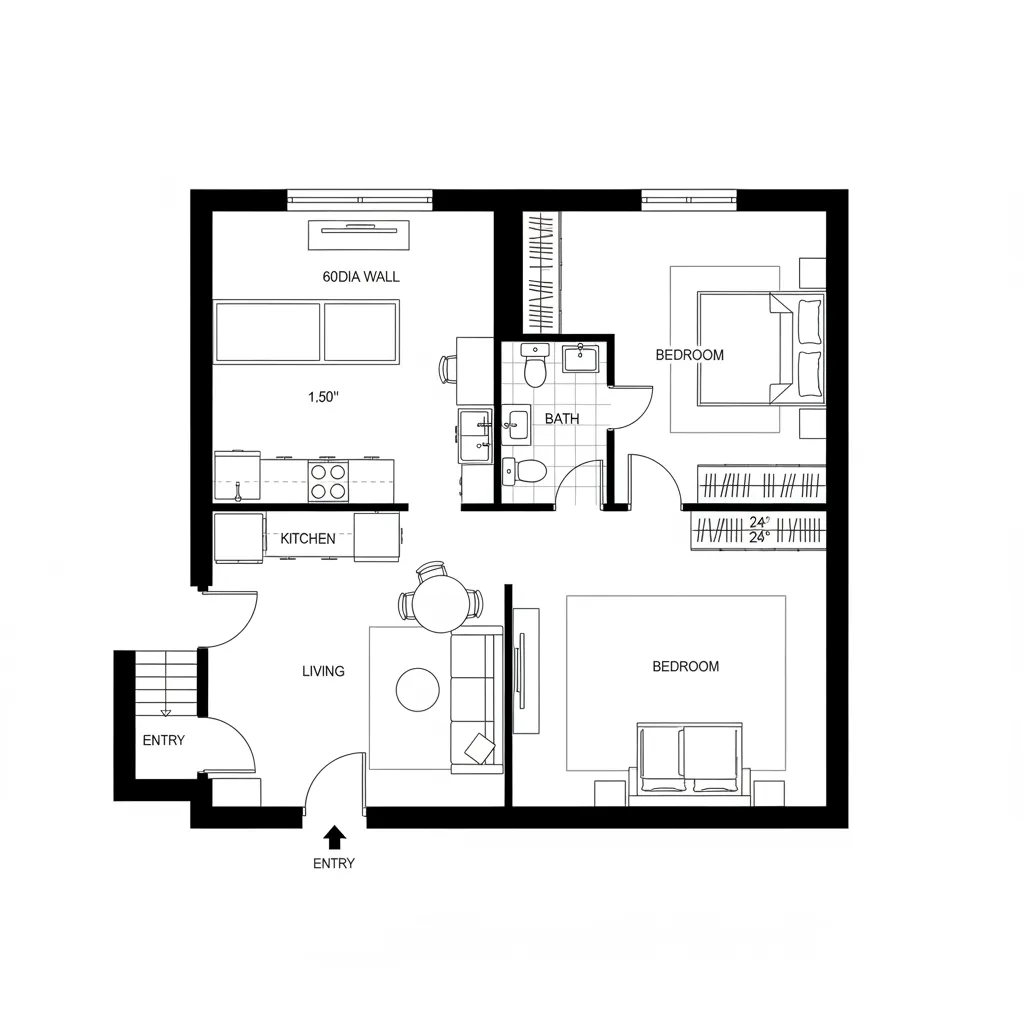 Two bedroom apartment room layout with kitchen living area bathroom and entry stairs in black white