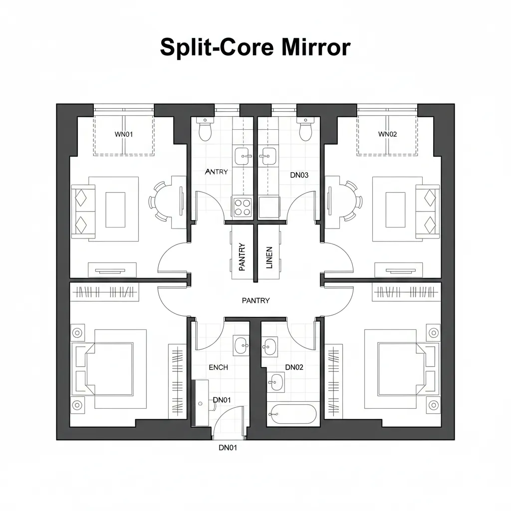 Top-down CAD plan of a mirrored 2 BHK with a central wet core and mirrored living/bedroom wings