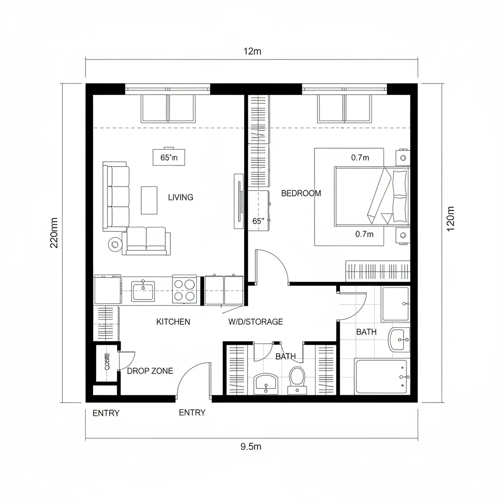 Floor plan drawing of a one bedroom apartment with living room kitchen bedroom and bathroom areas