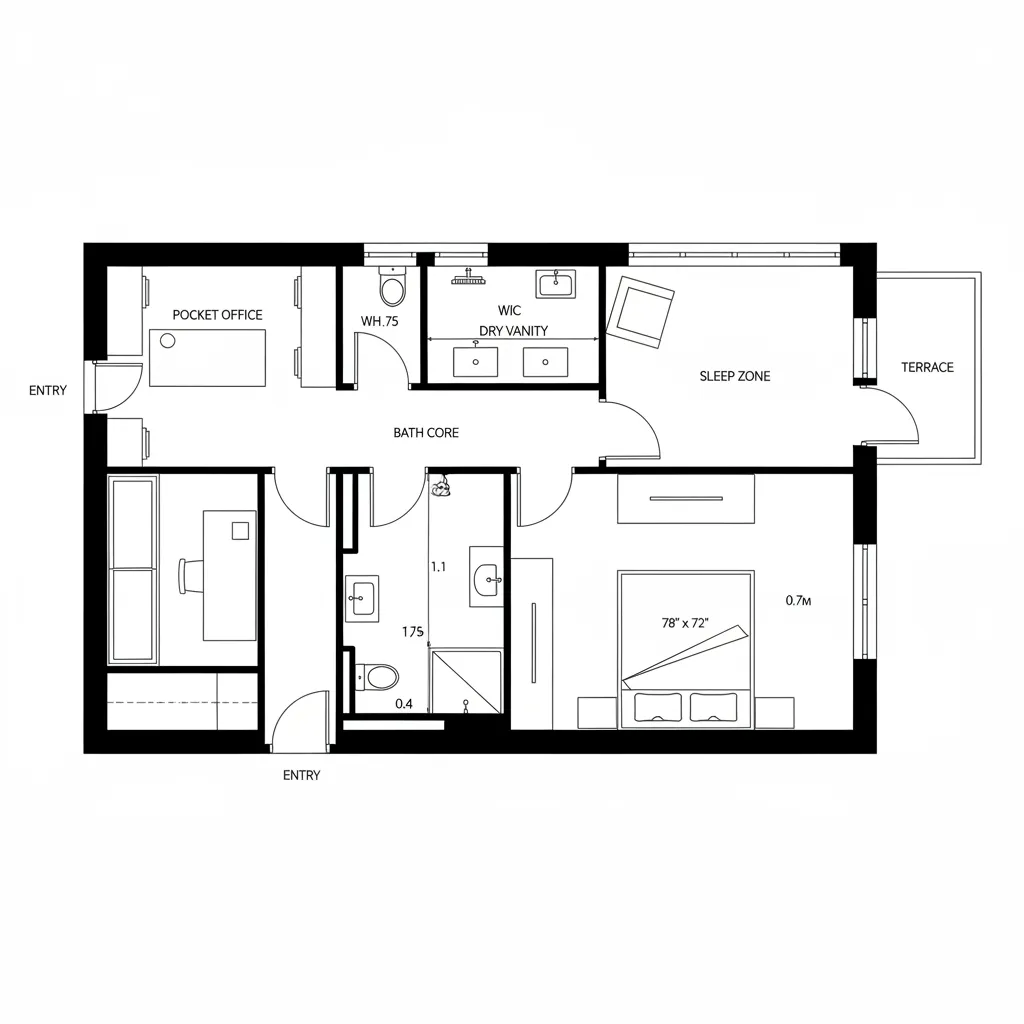 Top-down CAD plan of a split-core master suite with pocket office, bath core, and terrace