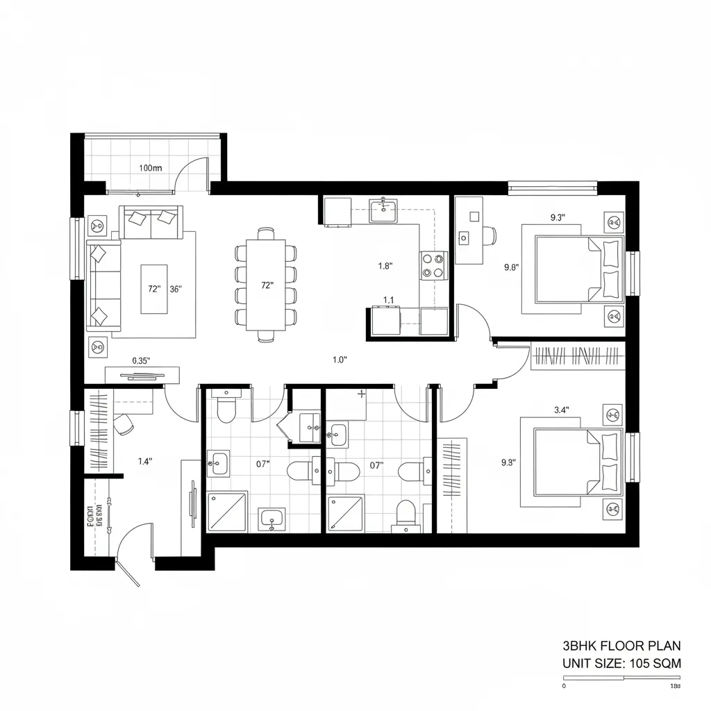 Modern three bedroom apartment floor plan featuring a living room dining area kitchen and two bathrooms