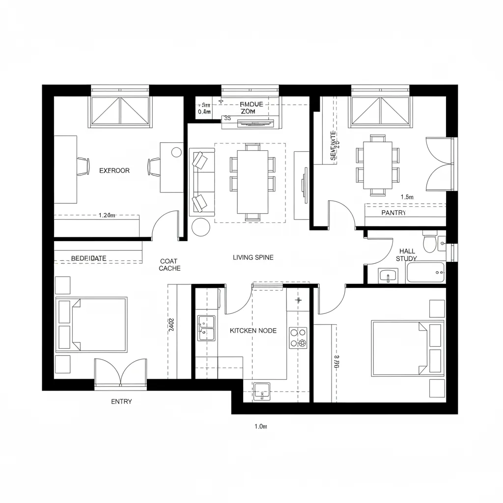 Floor plan of two bedroom apartment showing living room kitchen dining area and study room layout
