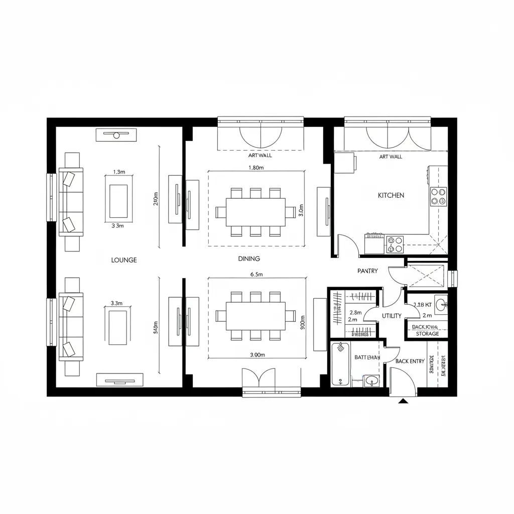 Top-down CAD plan splitting lounge and dining with a concealed service loop