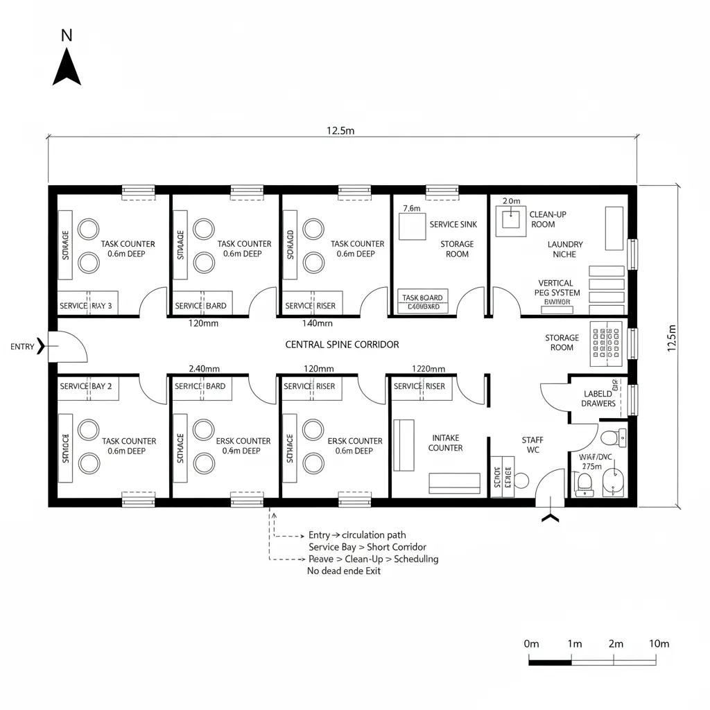 Floor plan drawing of a service studio with central corridor multiple work rooms and labeled spaces