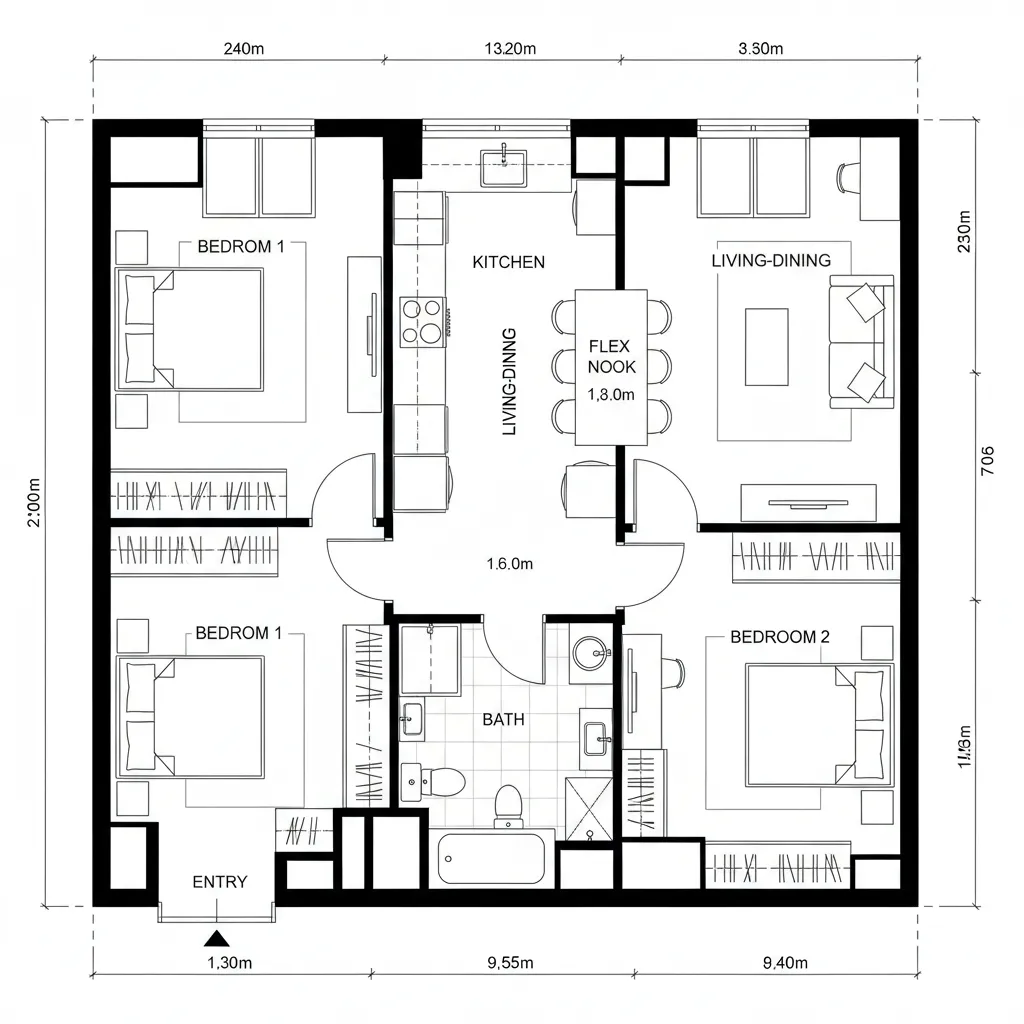 Detailed black and white floor plan showing three bedrooms a bathroom and a central kitchen