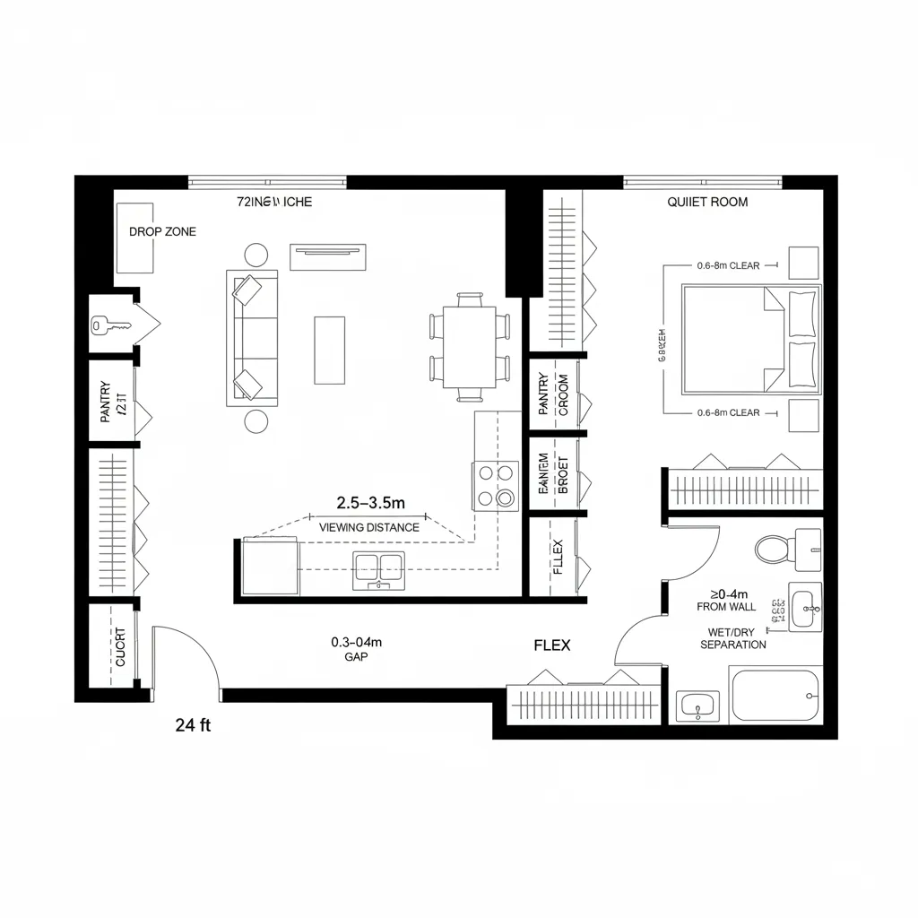 Black and white floor plan showing a living area, bedroom, bathroom, and various storage spaces