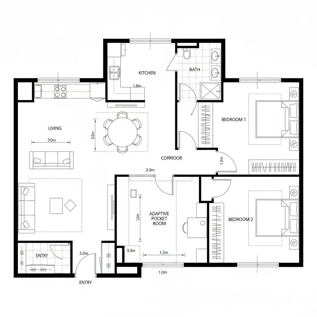 Top-down CAD plan showing central spine, pocket flex room, and zoned living