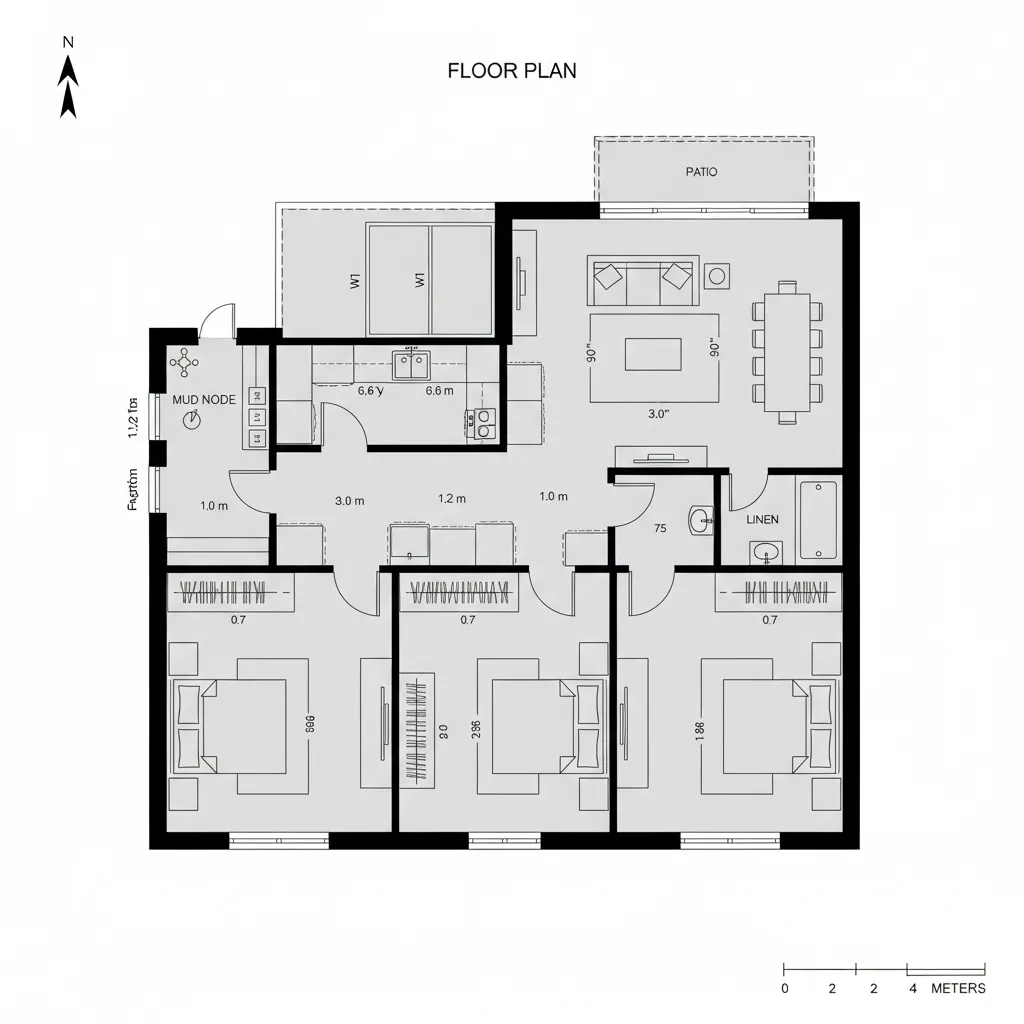 Detailed floor plan showing three bedrooms at bottom plus open kitchen living and dining area