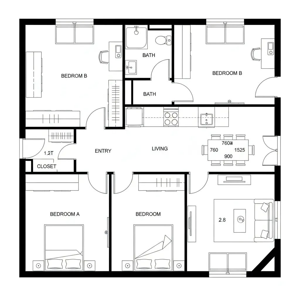 Interior design drawing of a four bedroom apartment with central living room, kitchen, and dining