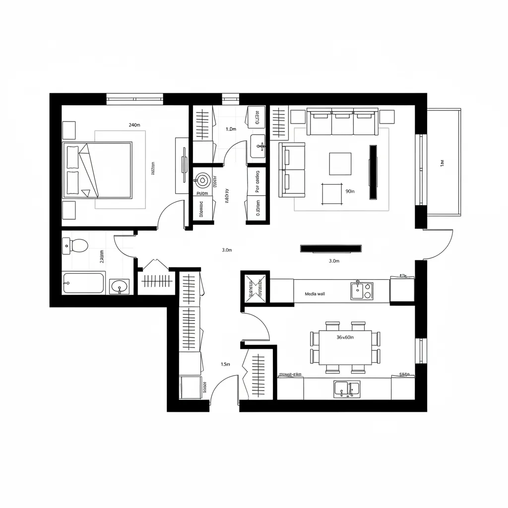 2D floor plan showing a bedroom bathroom living room kitchen dining area and modern layout