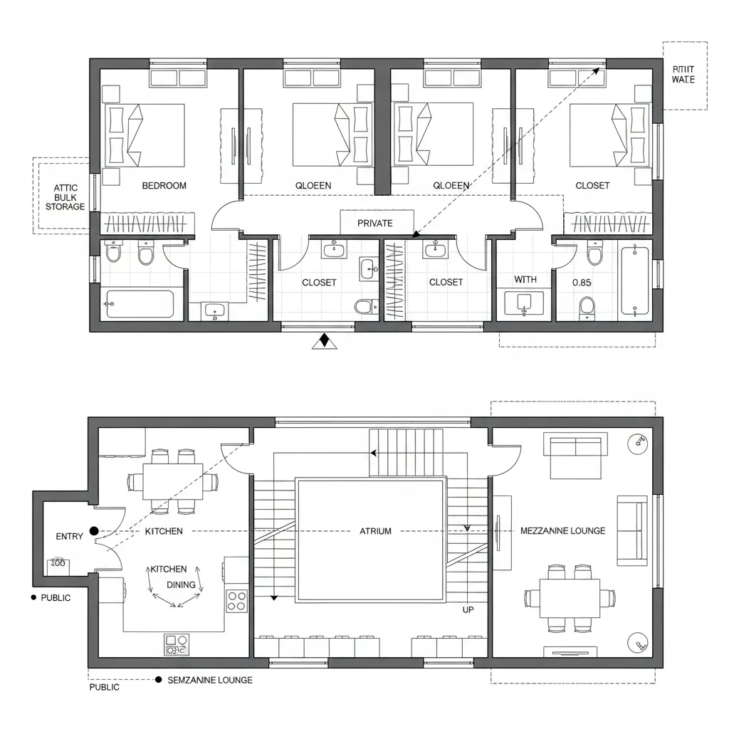 Two level interior design drawing showing bedrooms and open plan living area with an atrium