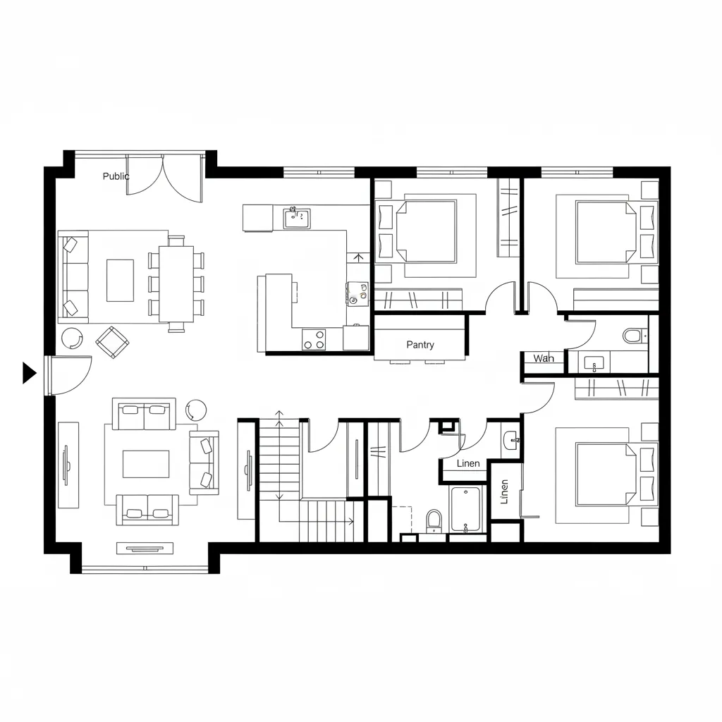 Interior design drawing showing a three bedroom apartment layout with living room kitchen and stairs