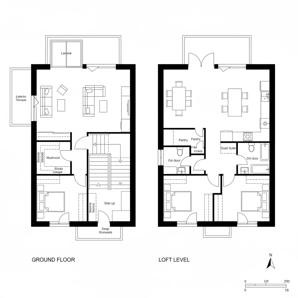 Top-down CAD plan showing split-core stair with thermal spine and zoned circulation