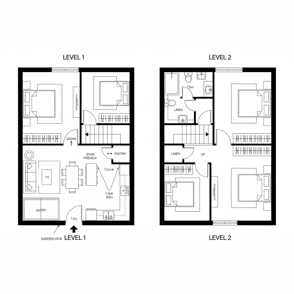 Interior design drawing showing level one and level two floor plans for a small home