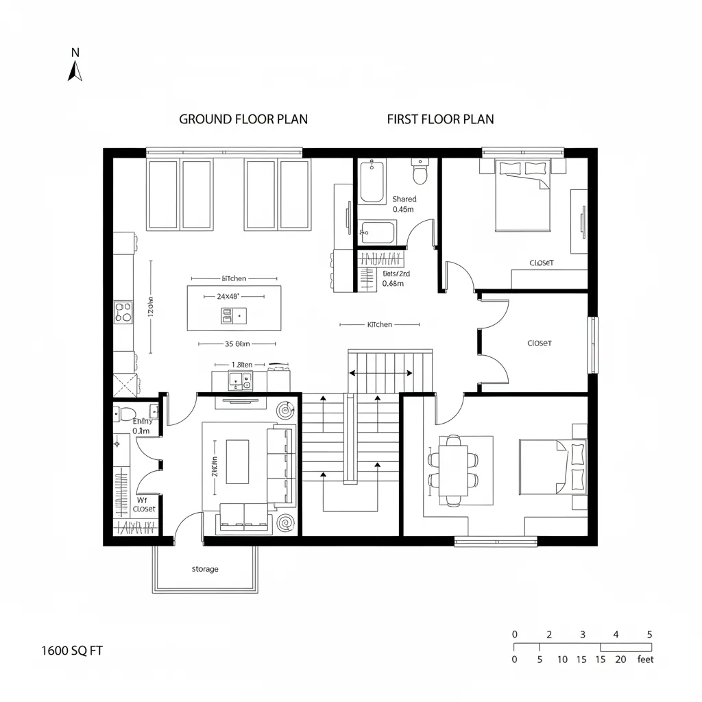 Top-down CAD floor plan with central stair core, loft buffer, and open kitchen-living hub