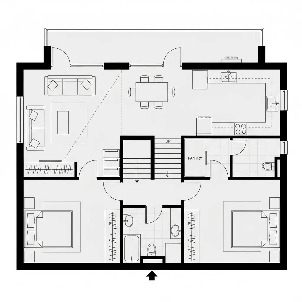 Top-down CAD plan of a 2 BHK with a mid-depth split-core stair and parallel living spine