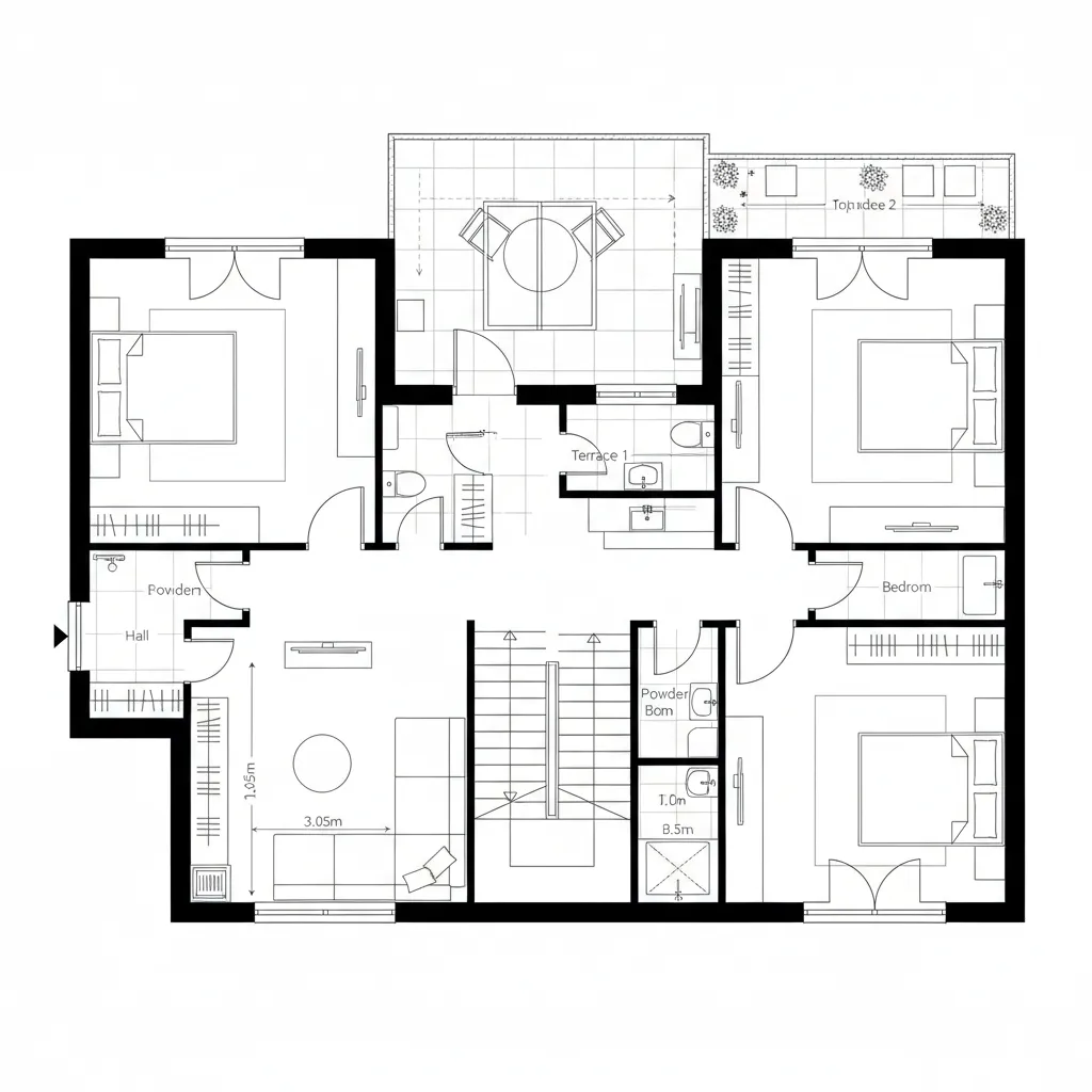 Modern floor plan layout including multiple bedrooms bathrooms terrace area living room and central stairs design