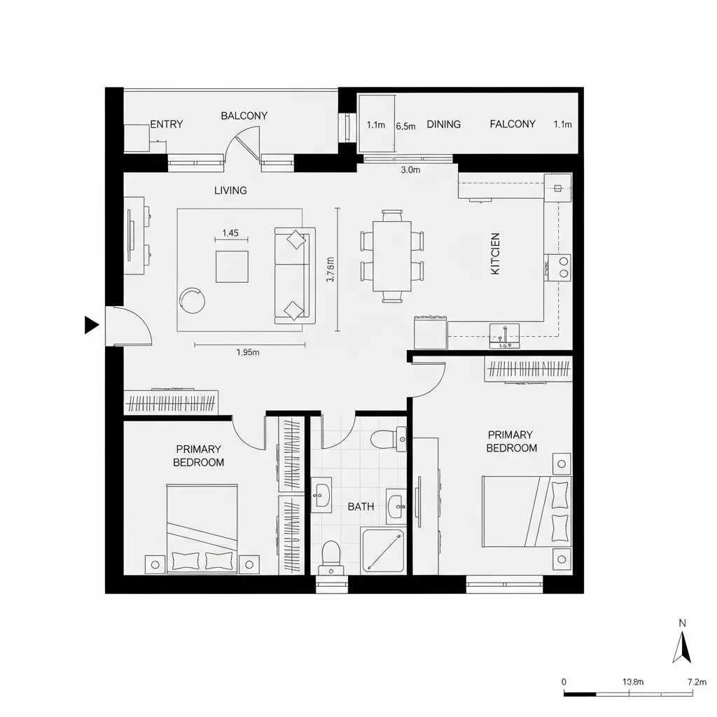 Two bedroom apartment floor plan with kitchen dining area living room bathroom and a small balcony