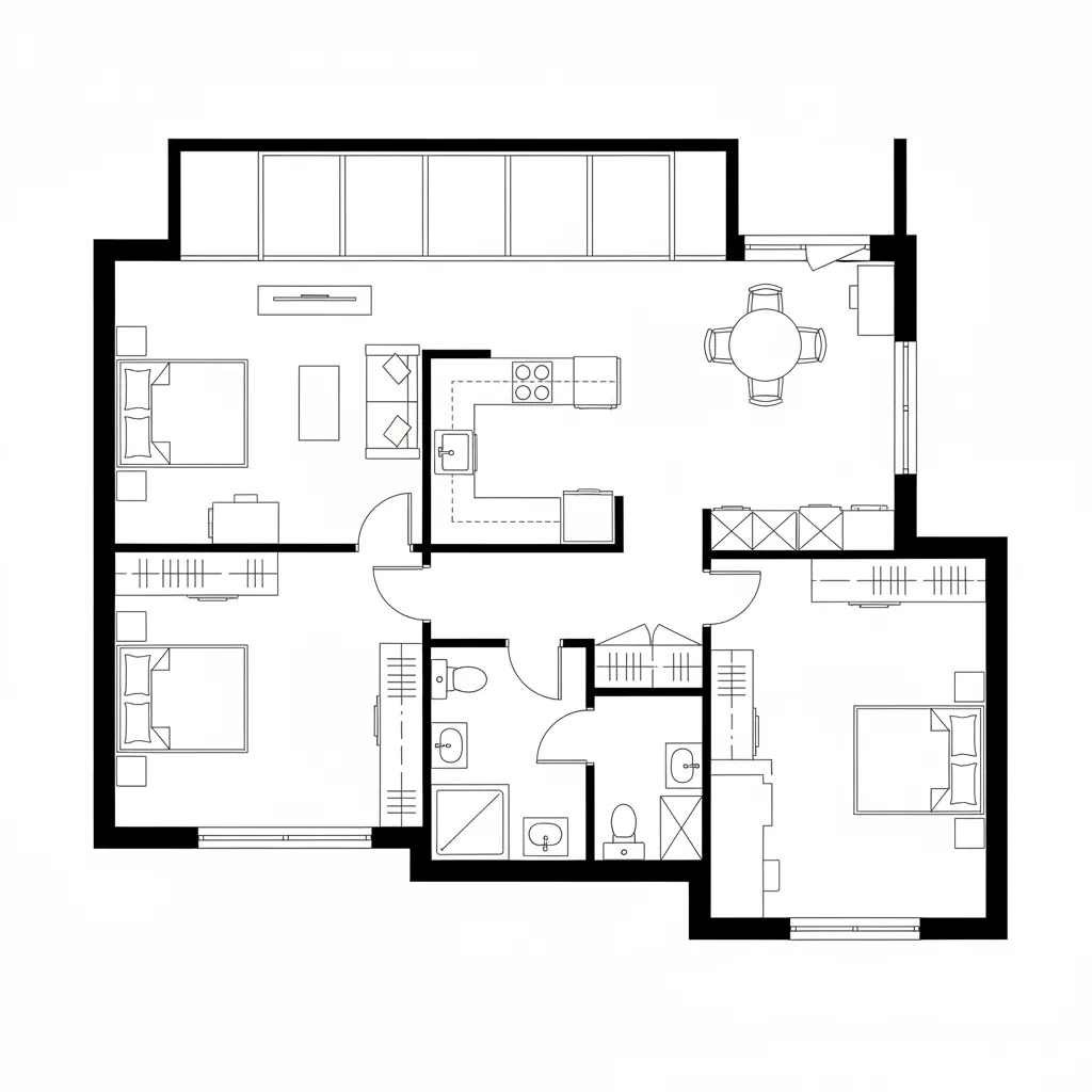 Top-down CAD plan of a two-bedroom with a central service core dividing zones