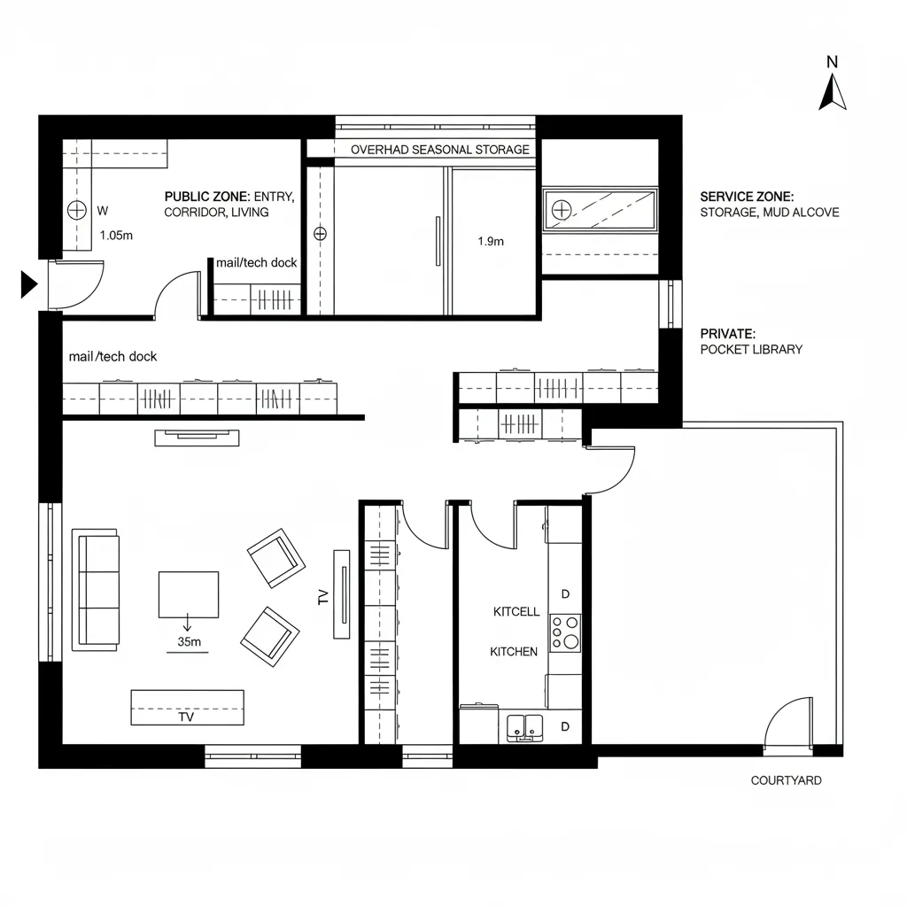 Interior design drawing of a home floor plan including living area kitchen storage and outdoor courtyard