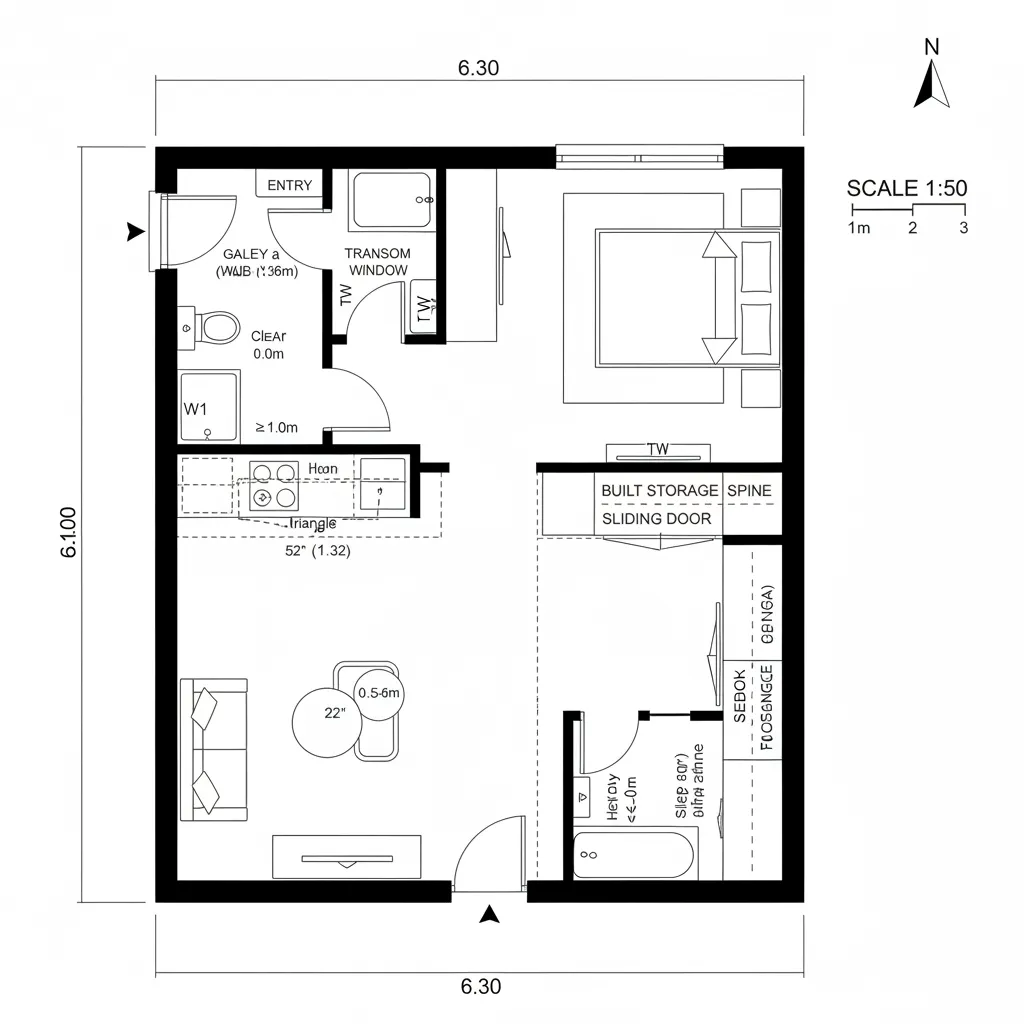 Interior design drawing of a studio apartment layout with bedroom kitchen living room and storage space