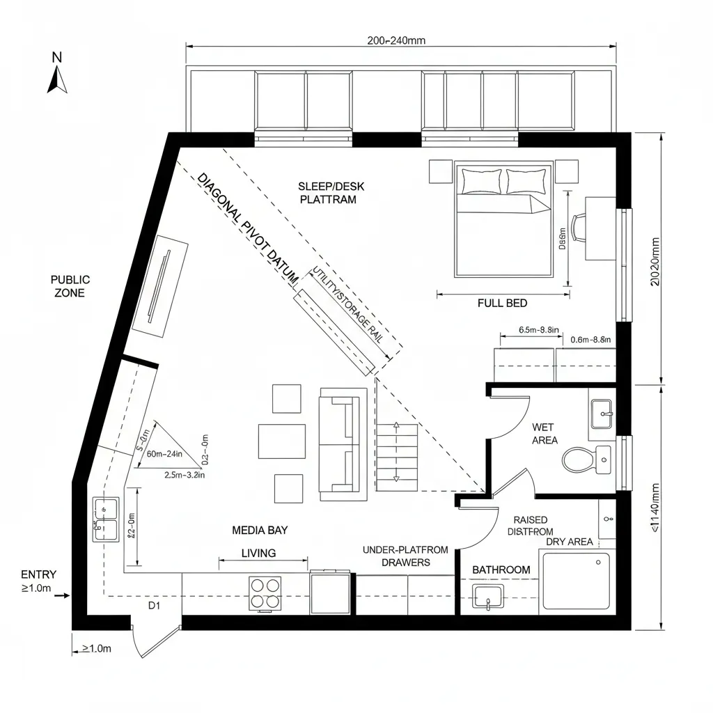 Studio apartment floor plan with a diagonal divider separating the living area and bedroom space layout