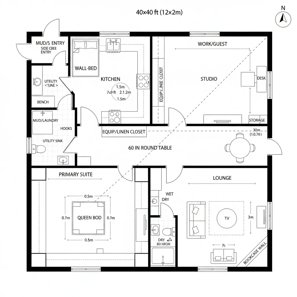 Interior design drawing showing a modern apartment layout with separate work studio and primary suite