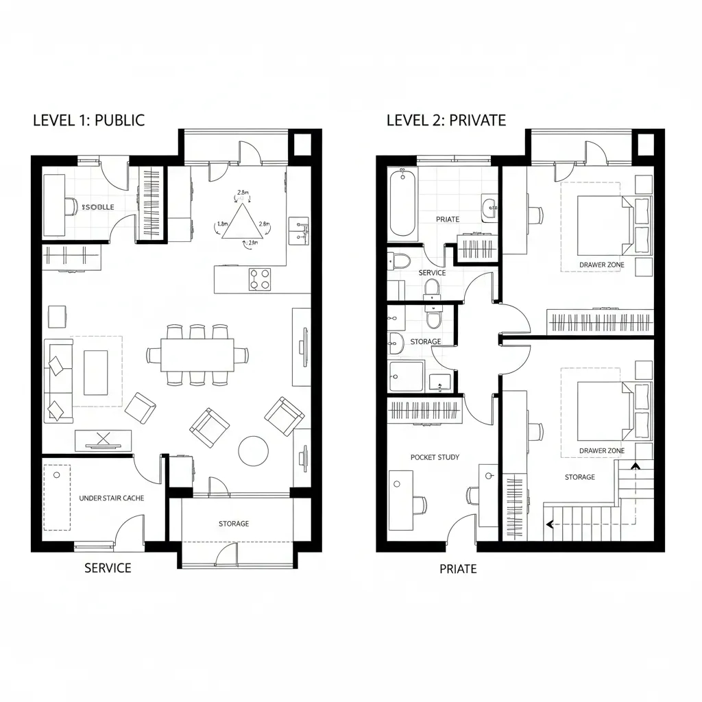 Two level interior design drawing showing public living spaces on level one and private bedrooms