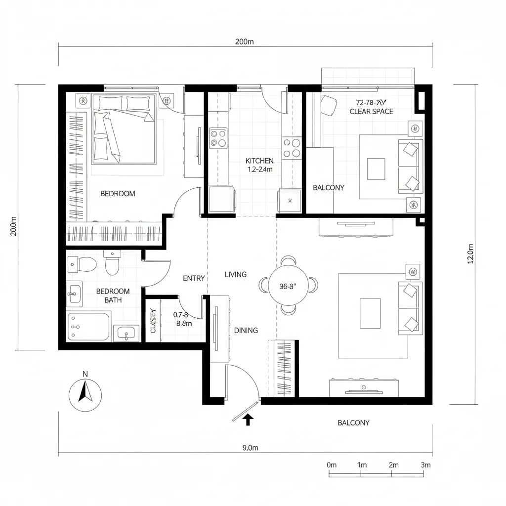 Interior design drawing of one bedroom apartment floor plan with kitchen balcony living and dining
