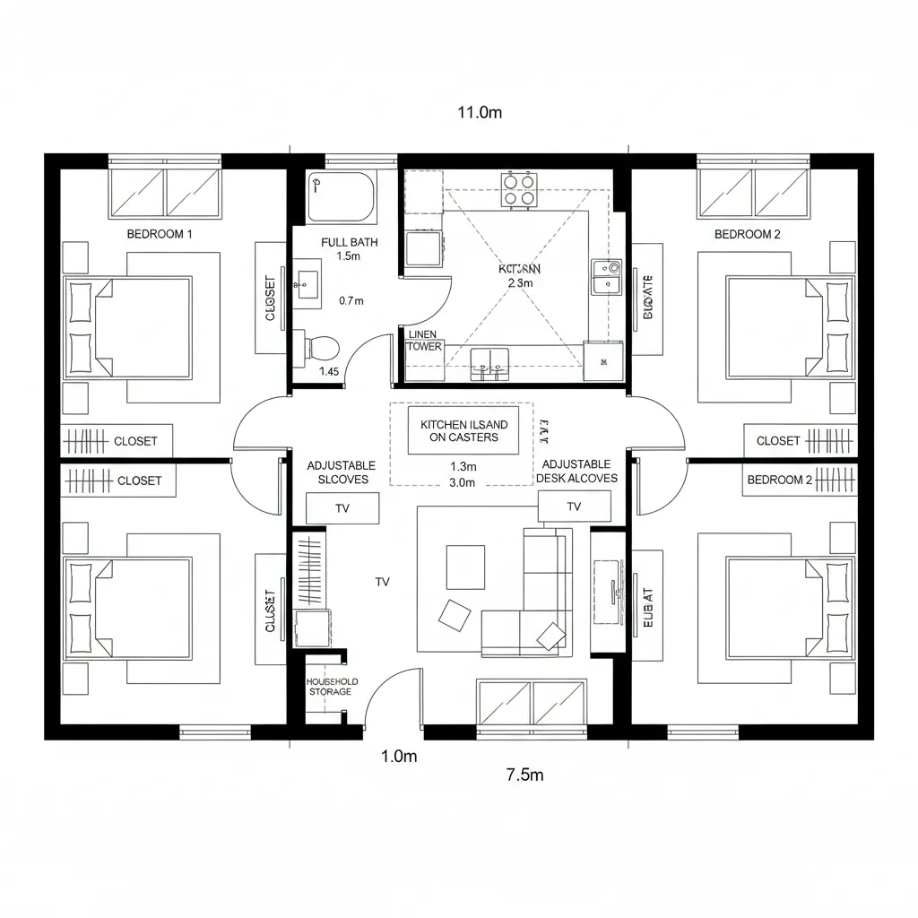 Interior design drawing of a four bedroom floor plan with central kitchen and living room