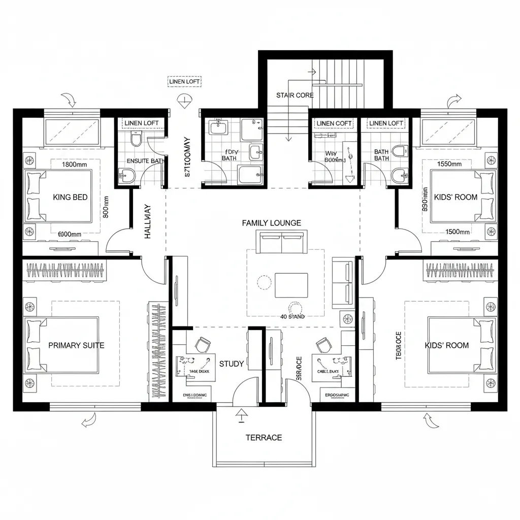 Top-down CAD plan of a first floor with lounge-centered bedroom orbit