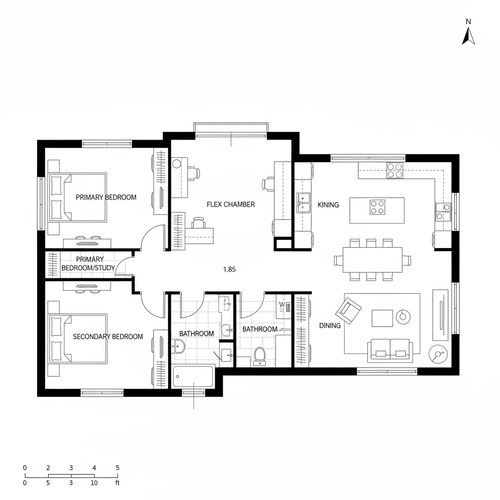 Top-down CAD floor plan with public wing, flex buffer room, and private wing layout