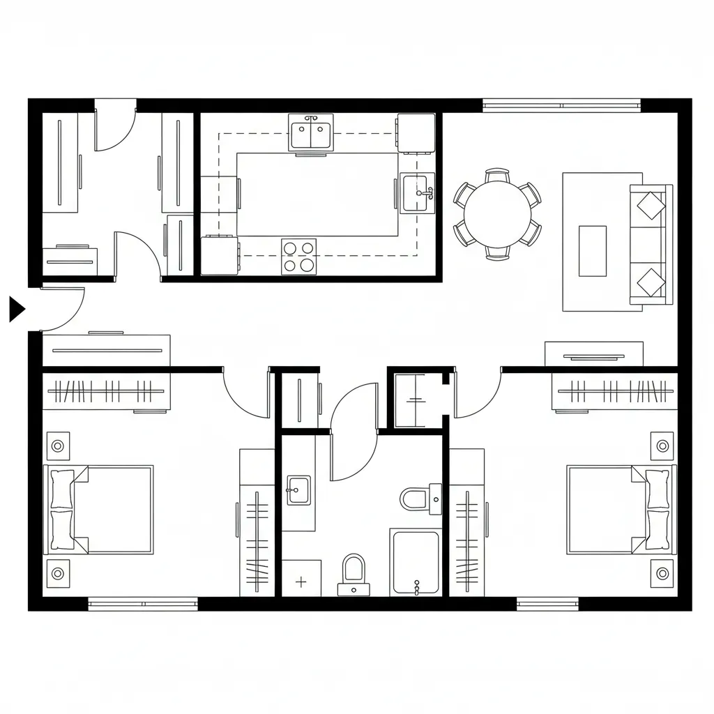Floor plan with central galley, front social zone, rear bedrooms and bath