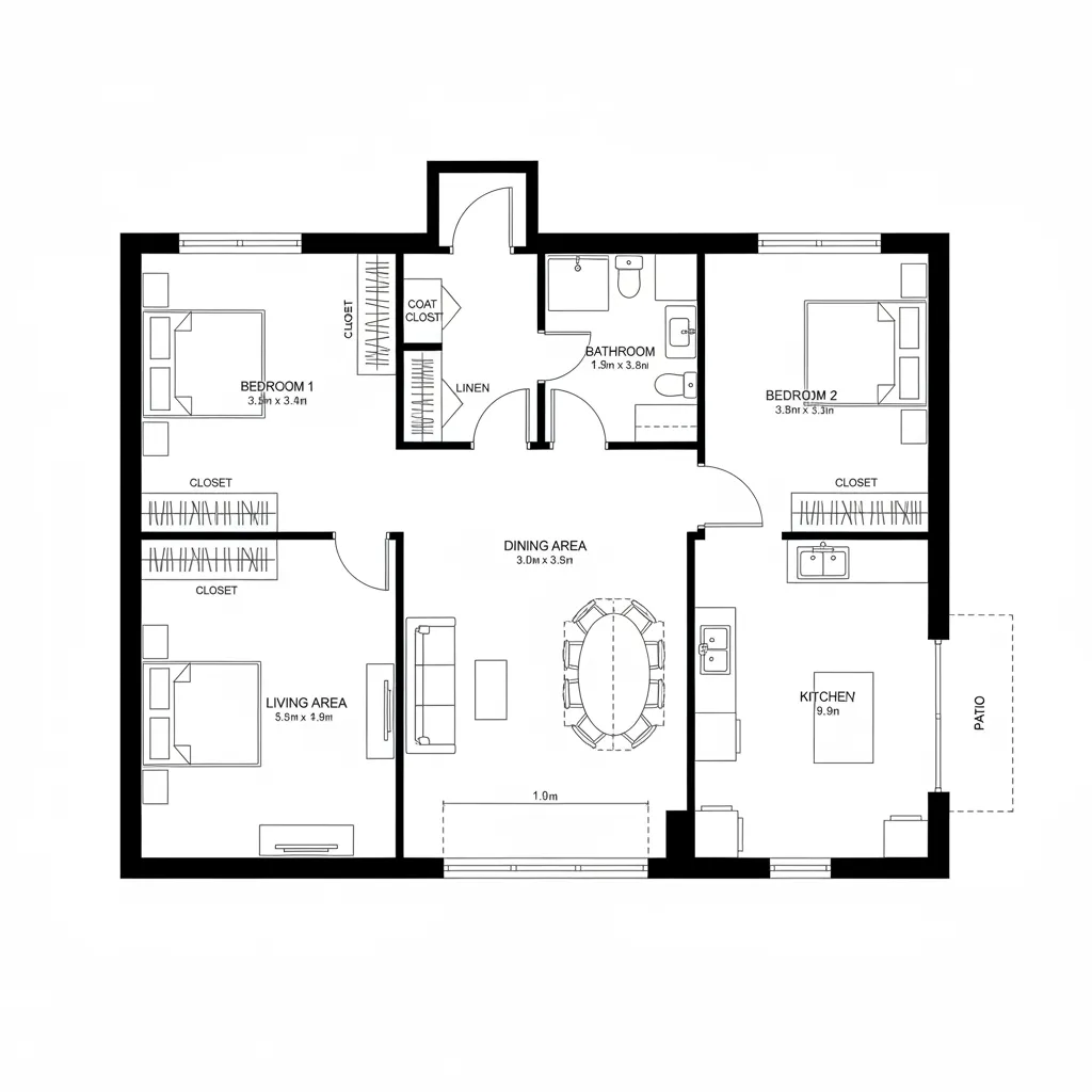 Top-down 2D plan with front corner bedrooms and rear open living core