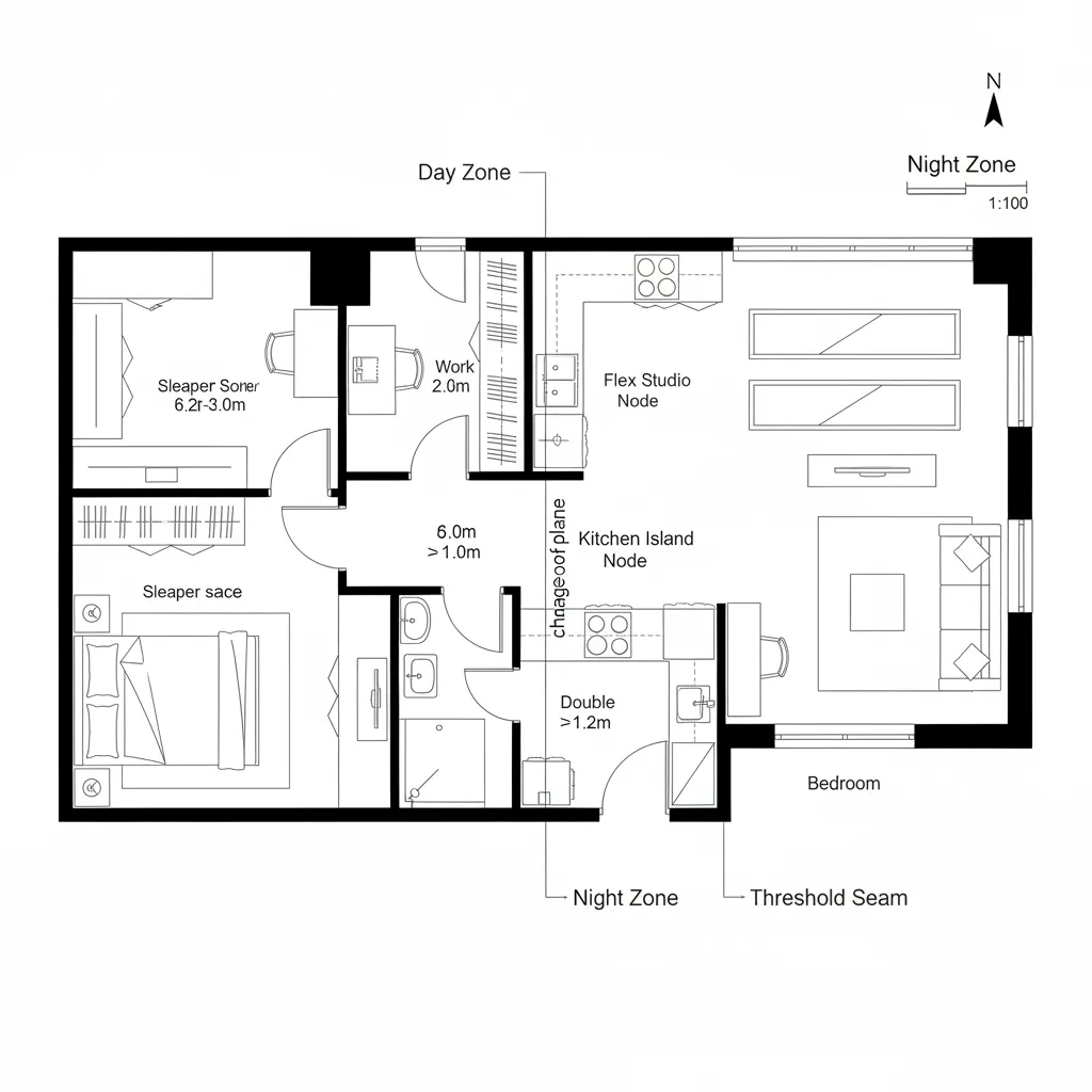 Top-down plan with east day zone and west night zone, island node, flex studio bay, and en-suite bedroom