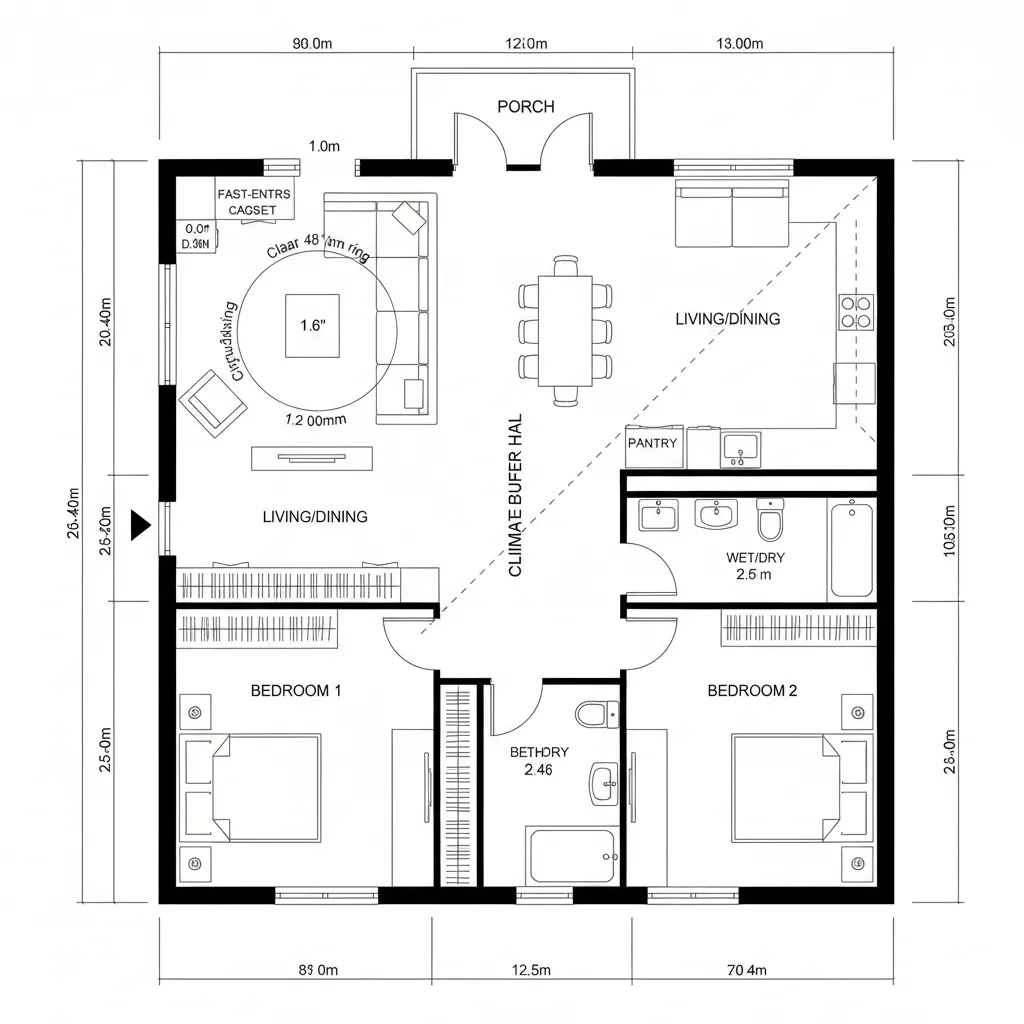 Top-down CAD plan with front public zone and rear private zone