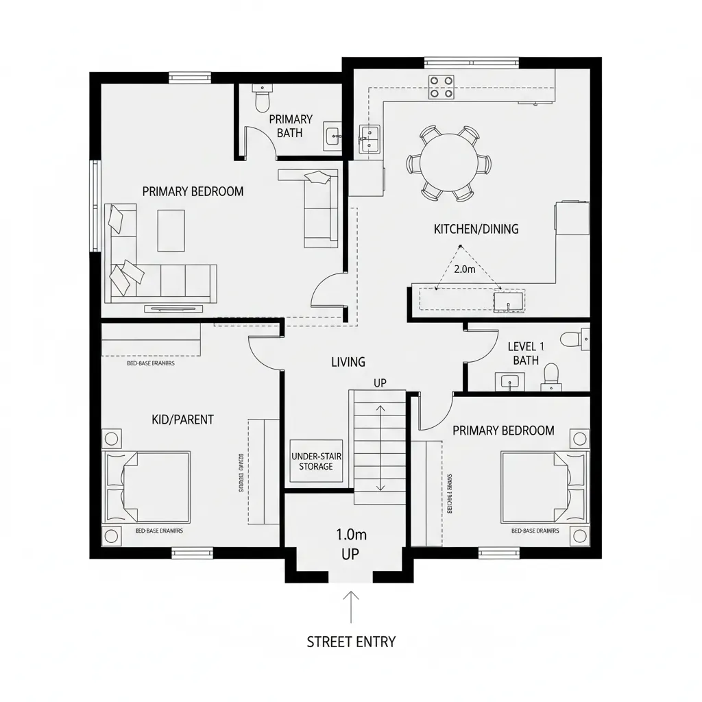 Top-down CAD plan of a split-level 2BHK with branching circulation