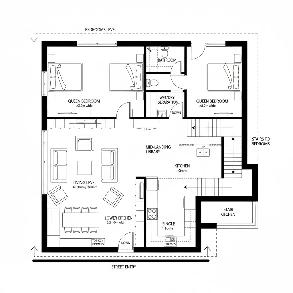 House floor plan with two queen bedrooms bathroom kitchen living area and stairs to levels