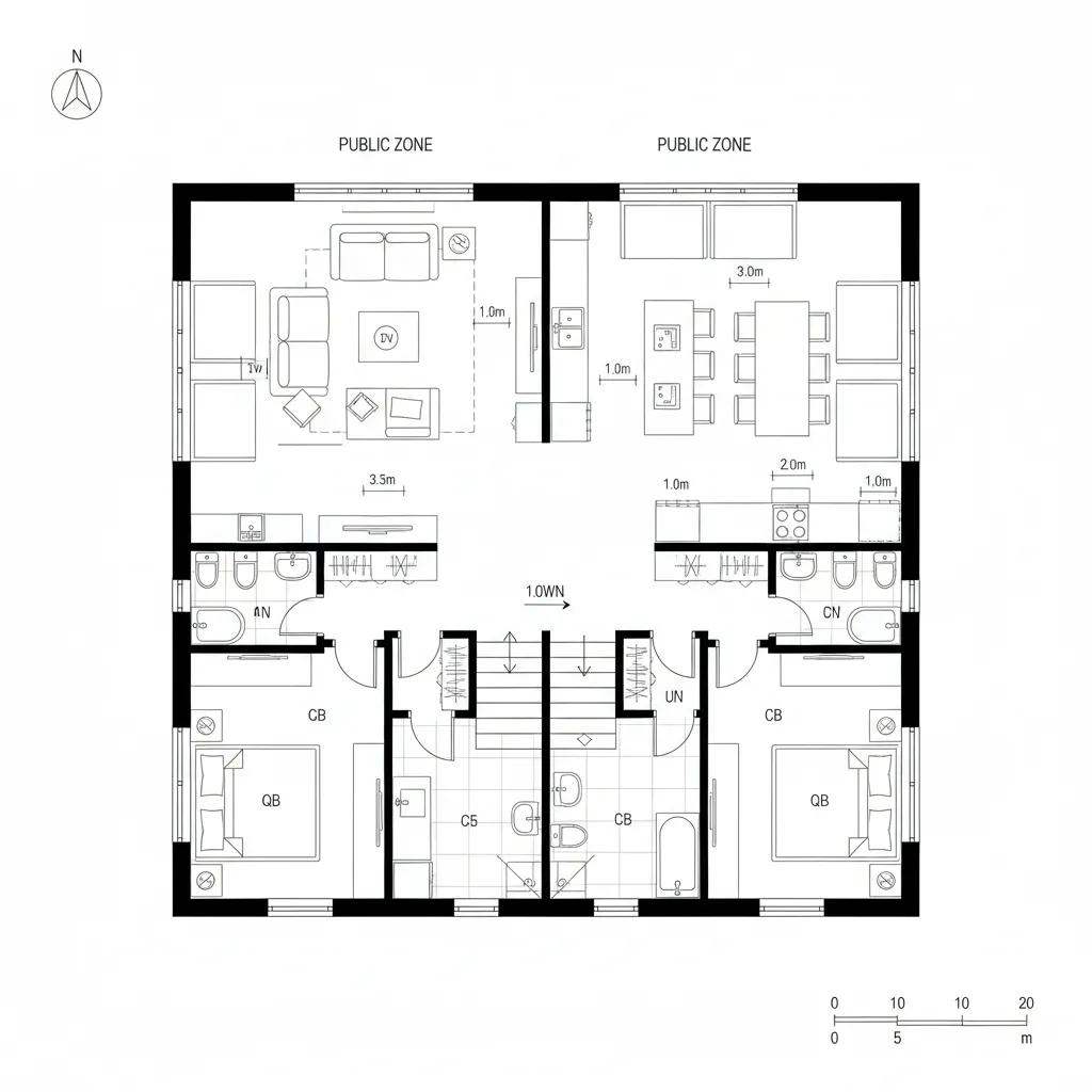 Detailed floor plan drawing featuring a living room kitchen dining area two bedrooms and central stairs