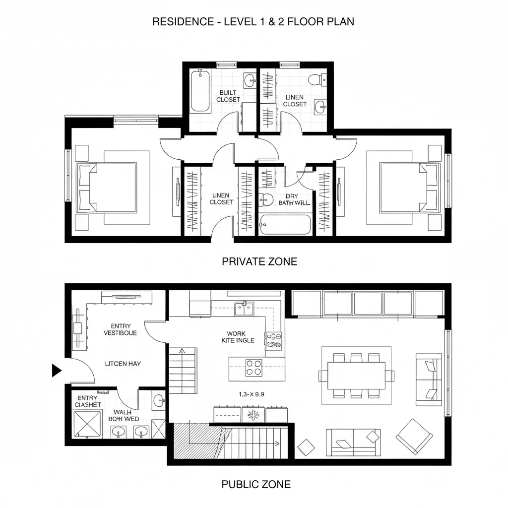 Split Level Atrium 2 Bedroom 2 Floor House Plan 3D for Work‑From‑Home Privacy