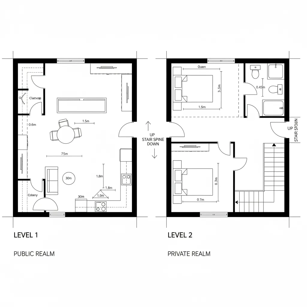 Top-down plan with public downstairs and private upstairs zones
