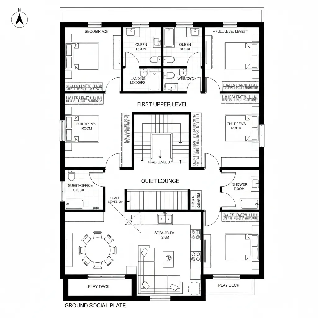 Top-down CAD plan of a narrow-plot split-level home with tiered social, lounge, guest/office, and four bedrooms