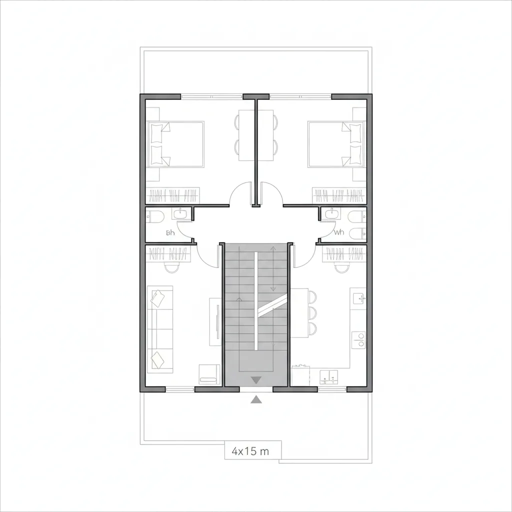 sơ đồ bố trí mặt bằng nhà ống lệch tầng 4x15m với cầu thang giữa nhà