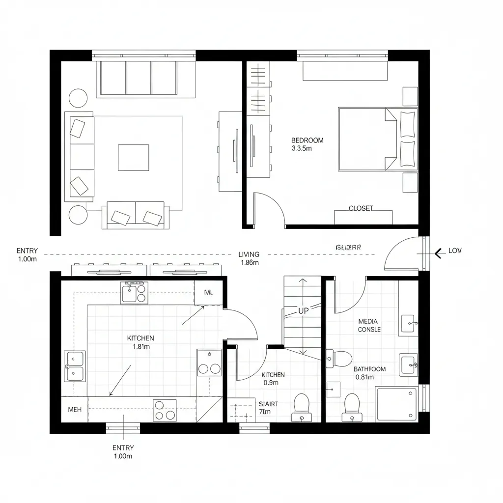 Top-down CAD plan of split-level home with gallery spine and half-level stair