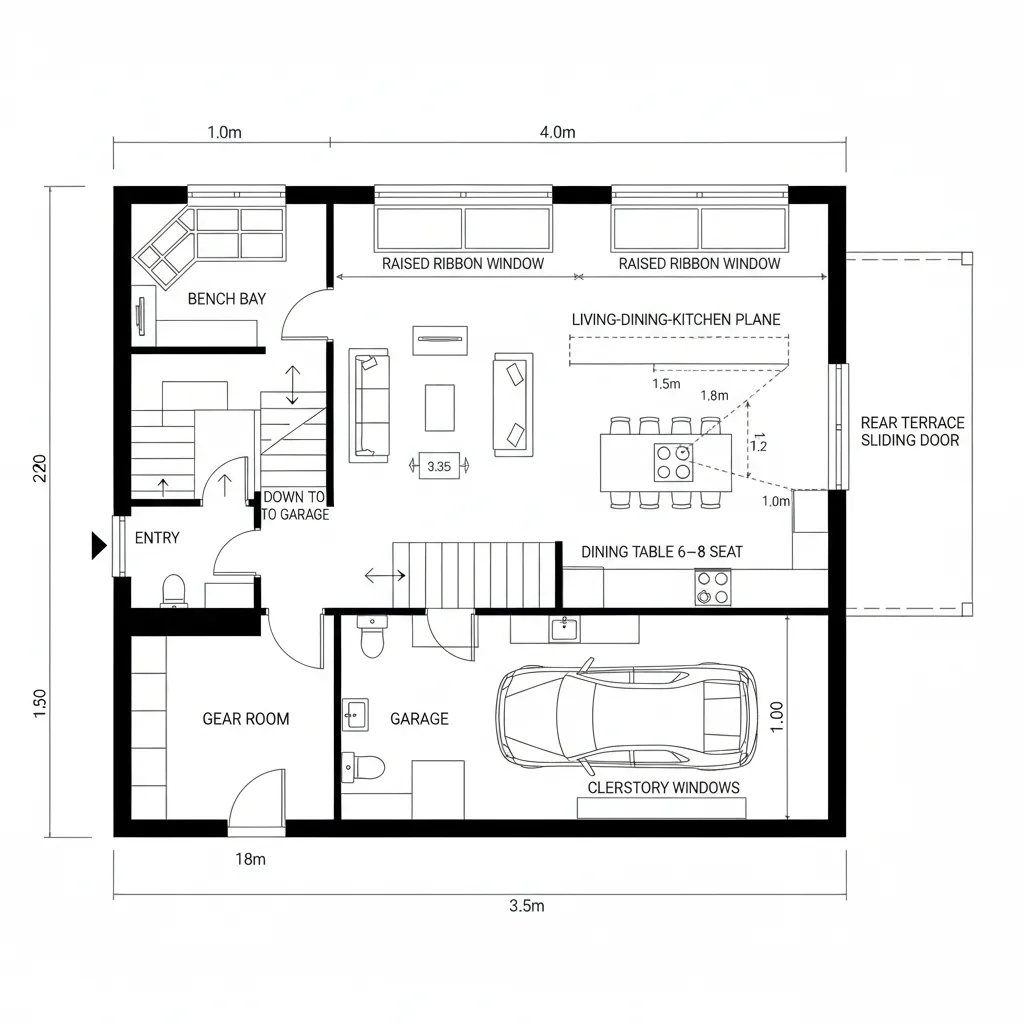 A floor plan showing a garage and living space with furniture and room labels layout