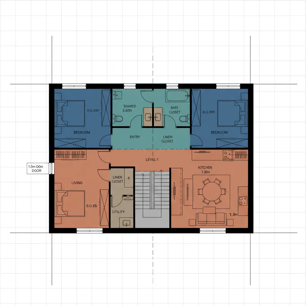 Colored room layout showing bedrooms bathrooms and kitchen area with central stairs and dining table set