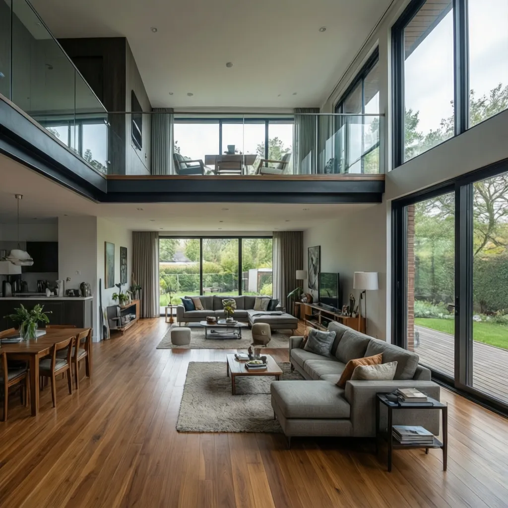 Casa moderna con entreplanta y espacios abiertos conectados